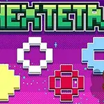 The image features the game title HexTetris in bold, colorful letters against a vibrant purple background, accompanied by different block shapes (hexagonal and square) and a hand icon indicating selection