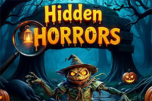 A spooky scene featuring a scarecrow in tattered clothes, surrounded by carved pumpkins and set against a dark, eerie forest backdrop, with the title Hidden Horrors prominently displayed above