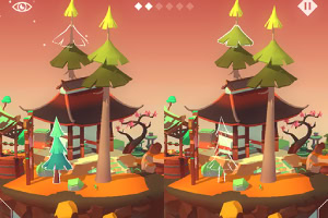 A colorful, stylized landscape featuring two mirrored scenes with a wooden pavilion, trees, and whimsical decorations set against a gradient sunset sky, suitable for a puzzle or visual contrast game