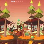 A colorful, stylized landscape featuring two mirrored scenes with a wooden pavilion, trees, and whimsical decorations set against a gradient sunset sky, suitable for a puzzle or visual contrast game