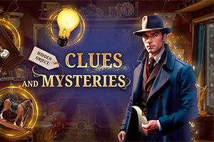 A man in a dark coat and hat stands in a dimly lit room filled with various antique objects, with the words Clues and Mysteries prominently displayed alongside a light bulb and the phrase Hidden Object