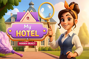 Smiling woman holding a magnifying glass beside a colorful My Hotel sign in front of a grand hotel building