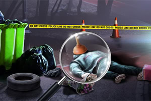 A crime scene featuring a body on the ground, surrounded by police tape, trash bags, and a plunger placed on the victims head