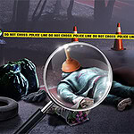 A crime scene featuring a body on the ground, surrounded by police tape, trash bags, and a plunger placed on the victims head