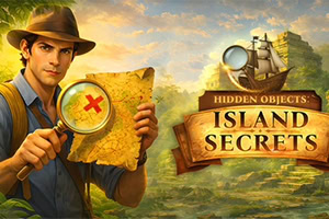 Explorer holding a magnifying glass and an old map beside a sign reading Hidden Objects: Island Secrets over a tropical island landscape