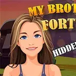 The image features a graphic for a hidden object game titled My Brothers Fortune, showcasing a smiling young woman and a magnifying glass against a colorful background with stylized text