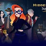 A vibrant illustration from a hidden object game featuring a stylish female thief in a mask, surrounded by mysterious characters and cluttered items, set against a dark background with the game title Hidden Objects: Superthief