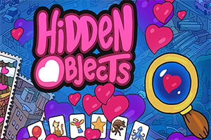 A colorful and whimsical graphic featuring large pink letters spelling Hidden Objects, surrounded by various hearts and a magnifying glass, with small illustrated items displayed below