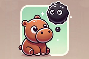 A cute brown animal with big eyes and a round nose sits next to a black ball-like object against a light green background, with sparkles around the animal