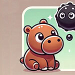A cute brown animal with big eyes and a round nose sits next to a black ball-like object against a light green background, with sparkles around the animal