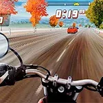 A first-person view from a motorcycle riding on a dirt road, with vibrant autumn trees in the background, and a racing timer, emphasizing speed and adventure