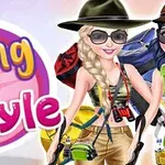 Two animated girls are dressed in trendy outfits with various accessories, including hats and sunglasses, showcasing a travel theme, alongside colorful backpacks and cameras, with the text Traveling in Style prominently displayed