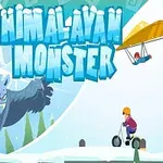 An animated scene featuring a large, fierce-looking yeti, titled Himalayan Monster, with a colorful backdrop of snowy mountains, a person riding a scooter, and another person paragliding above