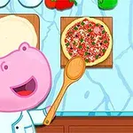 A cheerful cartoon hippo chef holds a wooden spoon, standing in a kitchen with a partially made pizza topped with colorful vegetables and surrounded by pizza ingredients