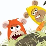 A group of colorful cartoon monkeys peeking from behind grass, featuring an orange monkey with a surprised expression, a blue monkey, and a yellow monkey with a smirk