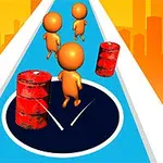 A colorful, animated scene featuring three stick-figure characters running along a pathway with red barrels, set against a vibrant city skyline backdrop