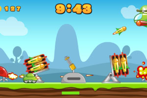 A colorful, animated game scene depicting a tank launching missiles while helicopters and explosions appear, set against a bright blue sky and green hills