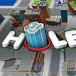 A colorful, 3D urban landscape featuring buildings and structures with the game title HOLE