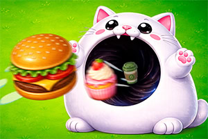 Cute white cartoon cat with a wide open mouth holding a hamburger and cupcake against a bright green background