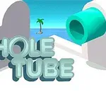 A vibrant 3D scene featuring the words HOLE TUBE in playful typography, set against a bright background with a tropical island and palm tree, alongside a large green pipe structure