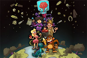 A group of cartoonish characters stands on top of a stylized globe, surrounded by various whimsical items floating in space, including planets, rockets, and colorful objects, creating a playful and adventurous atmosphere