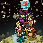 A group of cartoonish characters stands on top of a stylized globe, surrounded by various whimsical items floating in space, including planets, rockets, and colorful objects, creating a playful and adventurous atmosphere