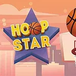 A colorful graphic featuring a basketball hoop, a bouncing basketball, and the text HOOP STAR on a stylized star background, set against an orange skyline