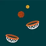 A minimalist illustration featuring a basketball, a dollar coin, and two basketball hoops against a dark green background