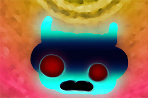 A colorful, abstract depiction of a cartoonish creature with horns, glowing blue and red features, set against a vibrant gradient background in shades of orange and yellow