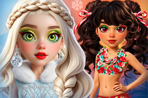 Two stylized young women with braided hair and festive outfits, one blonde in white and one brunette wearing a floral necklace