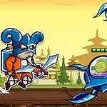 A cartoonish warrior in blue armor confronts a large, futuristic scorpion-like creature, set against a colorful, stylized landscape with distant pagoda structures