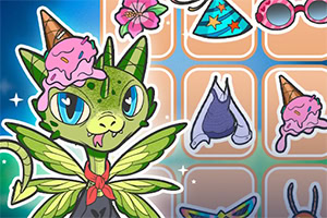 A colorful, cartoonish dragon with green scales and large blue eyes wears a pink ice cream cone hat and has decorative wings, surrounded by various playful accessories like hats, glasses, and flowers