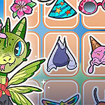 A colorful, cartoonish dragon with green scales and large blue eyes wears a pink ice cream cone hat and has decorative wings, surrounded by various playful accessories like hats, glasses, and flowers