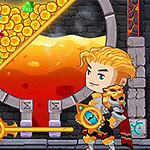 A character with blonde hair and armor holds a shield beside a large cauldron filled with a yellow liquid, while colorful gems and golden coins are positioned above in a game-like environment featuring stone walls and candles