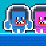 Two pixelated cartoon characters, one blue and one pink, wearing headphones and grinning with exaggerated teeth, set against a bright blue background