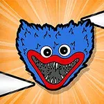 A cartoonish blue monster with a furry texture, large round eyes, and a wide, toothy mouth, set against an orange burst background