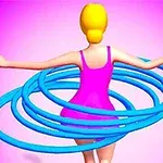 A cartoon character with blonde hair wearing a pink dress spins joyfully while balancing multiple blue hula hoops around her waist against a vibrant pink background