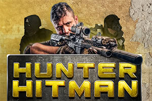 A man holding a sniper rifle is positioned in the foreground, with a serious expression, while two shadowy figures in tactical gear are featured in the background against a textured wall, and the title HUNTER HITMAN is prominently displayed at the bottom