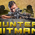 A man holding a sniper rifle is positioned in the foreground, with a serious expression, while two shadowy figures in tactical gear are featured in the background against a textured wall, and the title HUNTER HITMAN is prominently displayed at the bottom