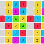 A colorful grid filled with numbered squares in red, blue, green, yellow, pink, and gray, arranged in a 6x6 pattern, featuring the numbers 1 to 5