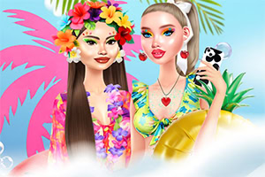 Two colorful illustrated girls in tropical outfits, one wearing a flower crown and the other holding a drink, with palm leaves and bright sky in the background