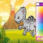 A cartoon dinosaur stands against a colorful prehistoric landscape, with a color palette on the side for customization or coloring