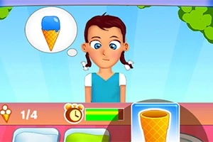 A young girl with pigtails gazes thoughtfully at an ice cream cone in a colorful cartoon setting, with a progress bar and timer displayed below