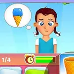 A young girl with pigtails gazes thoughtfully at an ice cream cone in a colorful cartoon setting, with a progress bar and timer displayed below