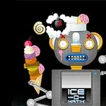 A quirky robot character with a distressed expression, holding multiple colorful ice cream cones and a bomb, set against a black background, featuring the text ICE-O-MATIK on its body