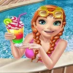 A cheerful girl with braids wearing sunglasses holds a colorful drink by a pool, with a pink float nearby, evoking a fun summer vibe