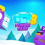 The image features colorful cartoon characters, including a purple, blocky character wearing a yellow hat and a logo for a game titled Purple Head 3, set against a snowy landscape with stylized trees and other characters in sunglasses