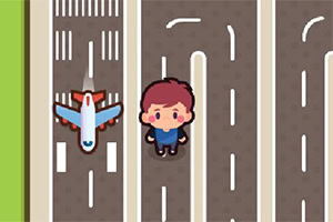 A colorful, cartoon-style illustration featuring a person standing near an airport runway with a small airplane on the tarmac