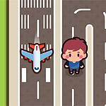 A colorful, cartoon-style illustration featuring a person standing near an airport runway with a small airplane on the tarmac