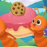 Two cheerful cartoon ants joyfully hold up a large, pink donut topped with a chocolate chip cookie, set against a colorful, whimsical forest background